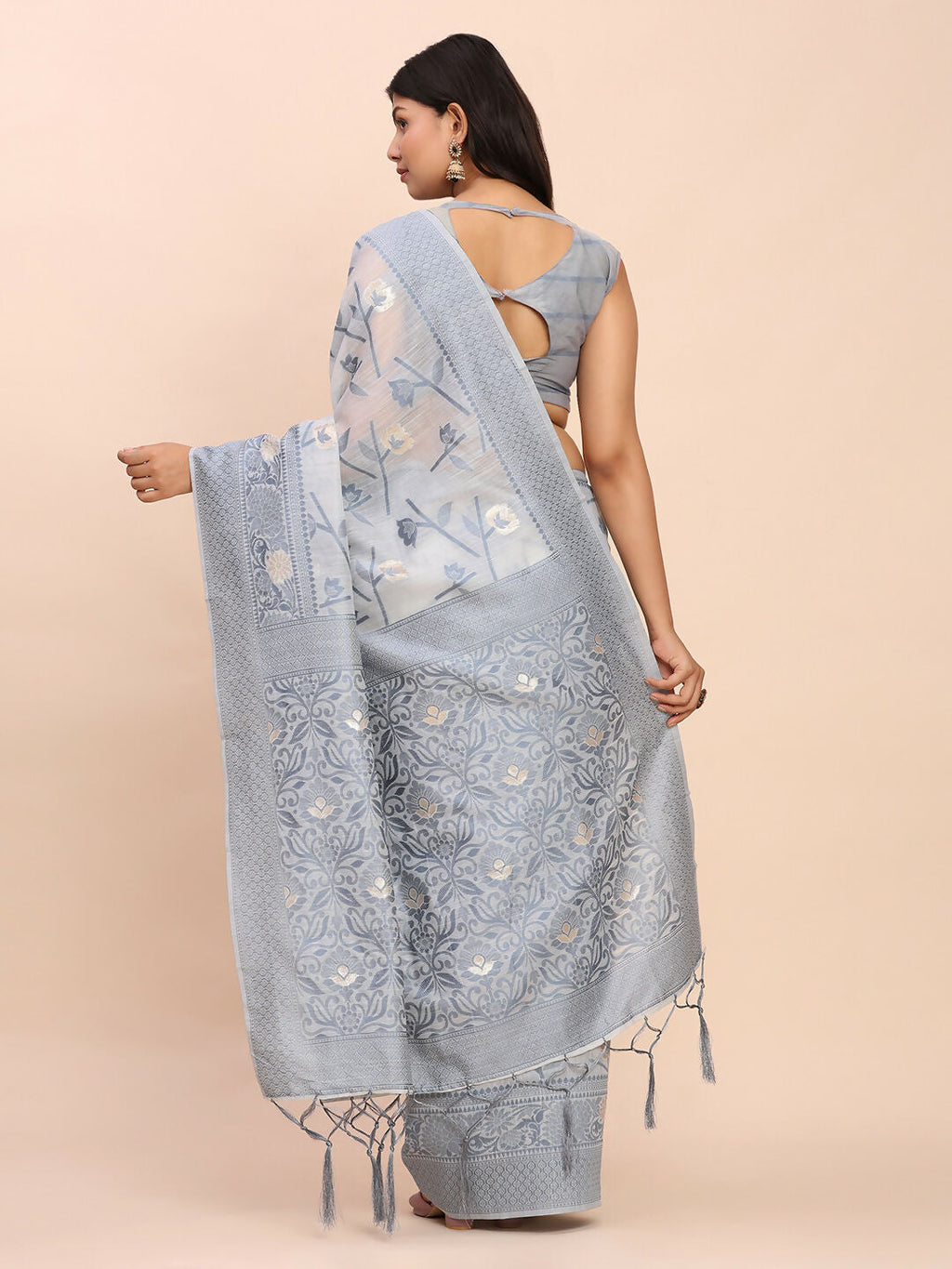 Grey Linen Cotton Saree with Matching Blouse Piece