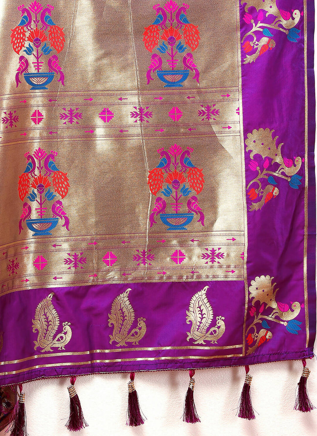 Wine Soft Paithani Silk Saree with Gold Zari Meenakari Weaving