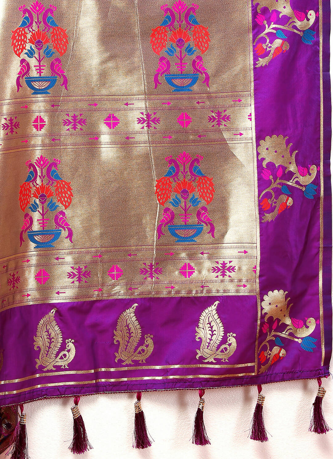Wine Soft Paithani Silk Saree with Gold Zari Meenakari Weaving
