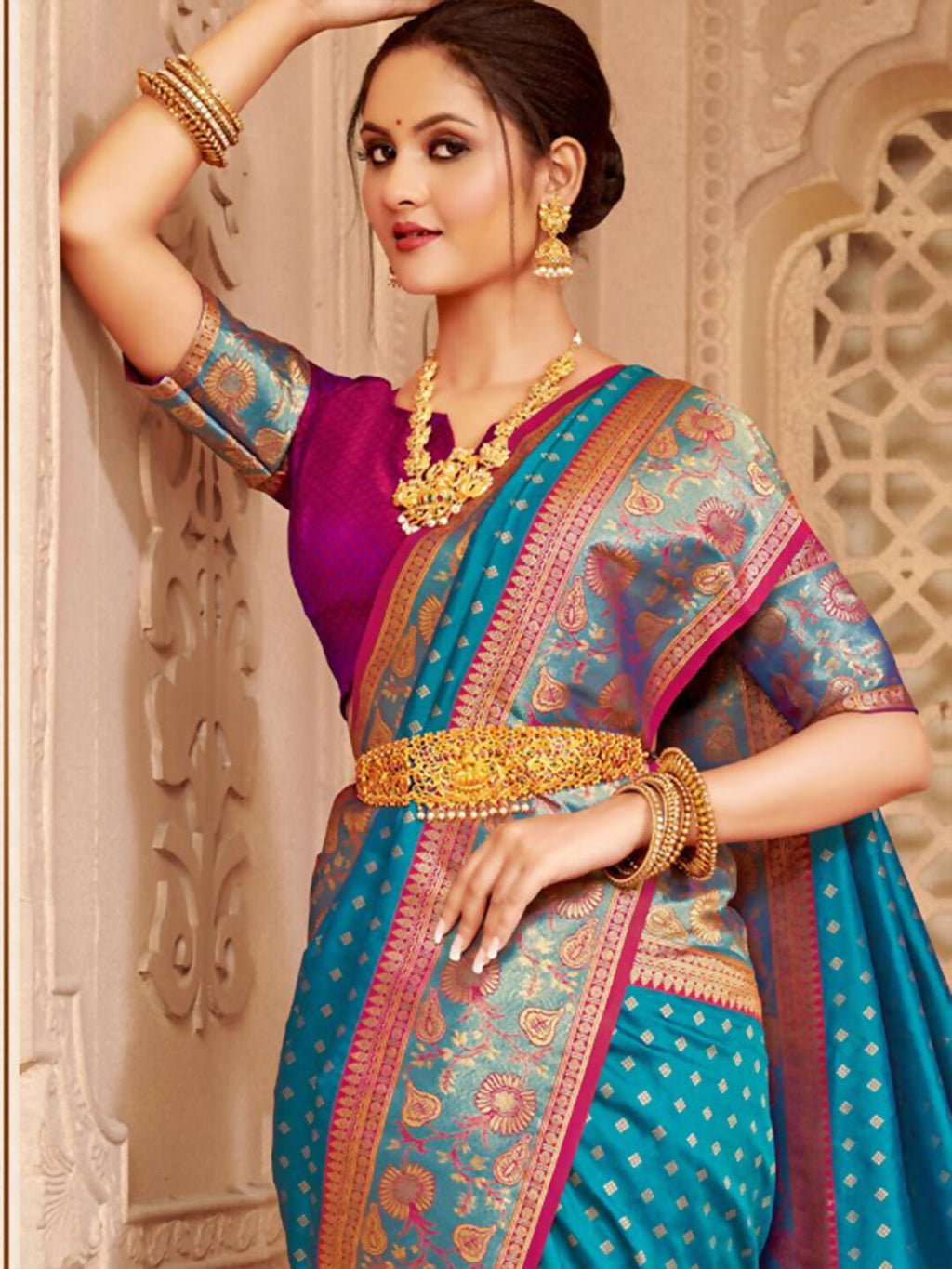 Silk Blend Blue Saree with Contrast Purple Blouse