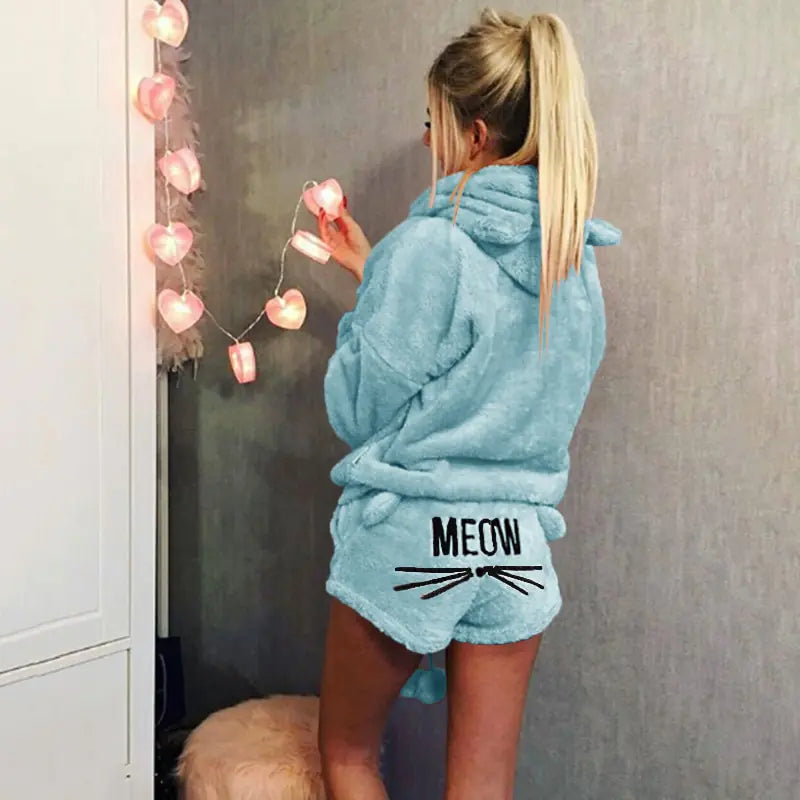 Meow Plush Hoodie Pajama Short Set