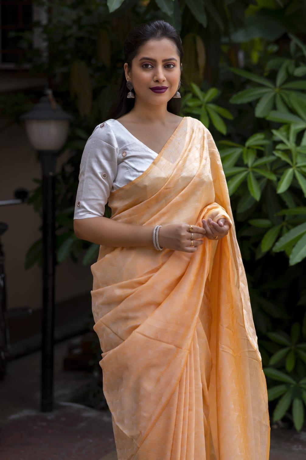 Yellow Poly Georgette Woven Saree with Mirror Ring Blouse