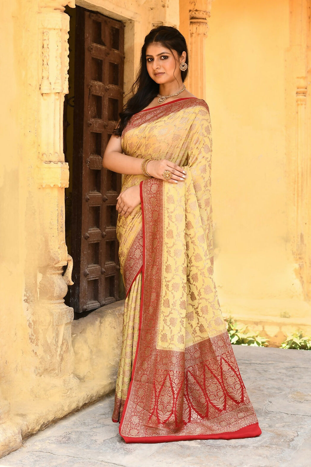 Yellow Crepe Chiffon Pure Handloom Banarasi Silk Saree