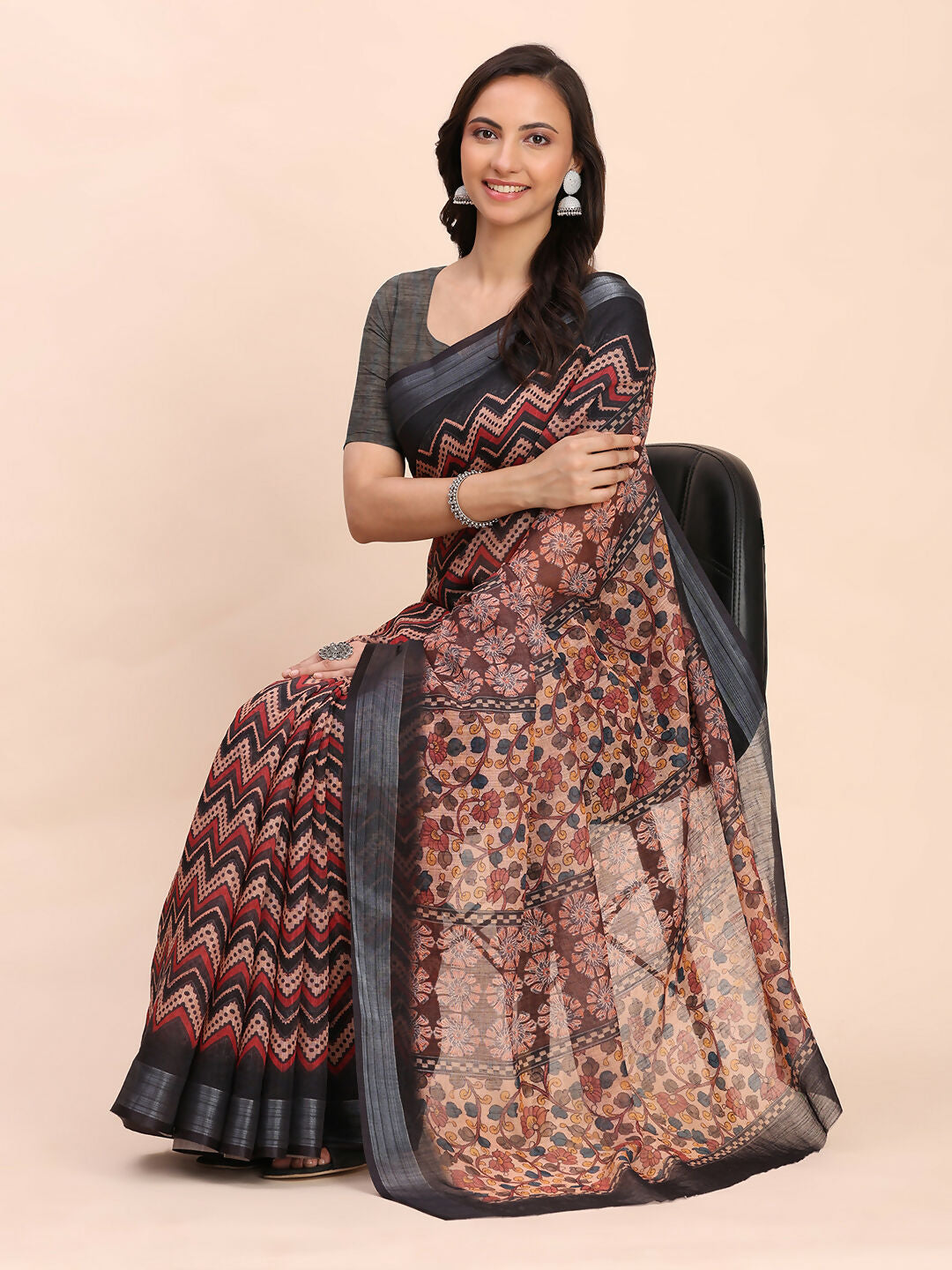 Black Linen Cotton Saree with Matching Blouse Piece