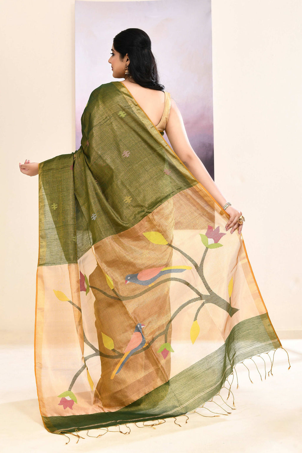 Moss Green Embellished Tissue Jamdani Saree for Elegant Occasions