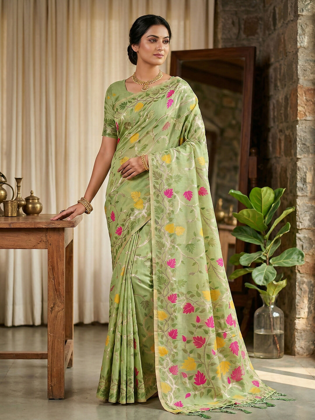 Green Linen Cotton Saree for Versatile Ethnic Wear