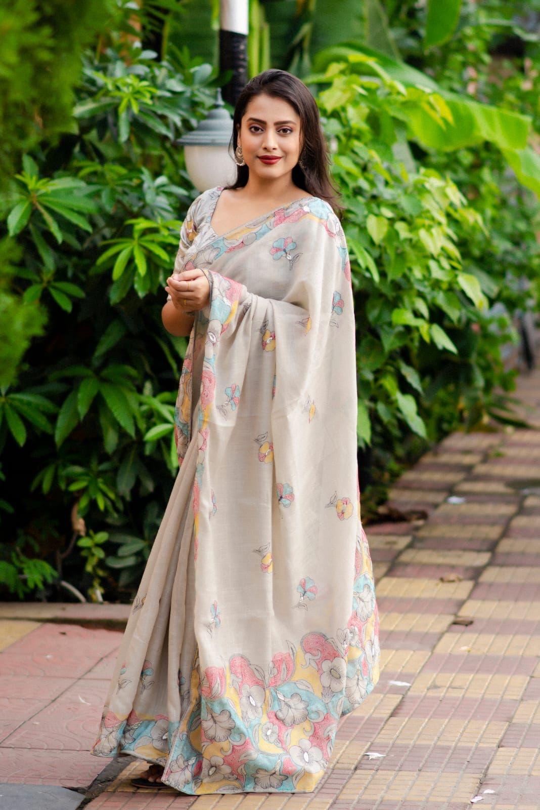 Grey Pure Linen Ethnic Motifs Saree with Unstitched Blouse - Hiral Fashion