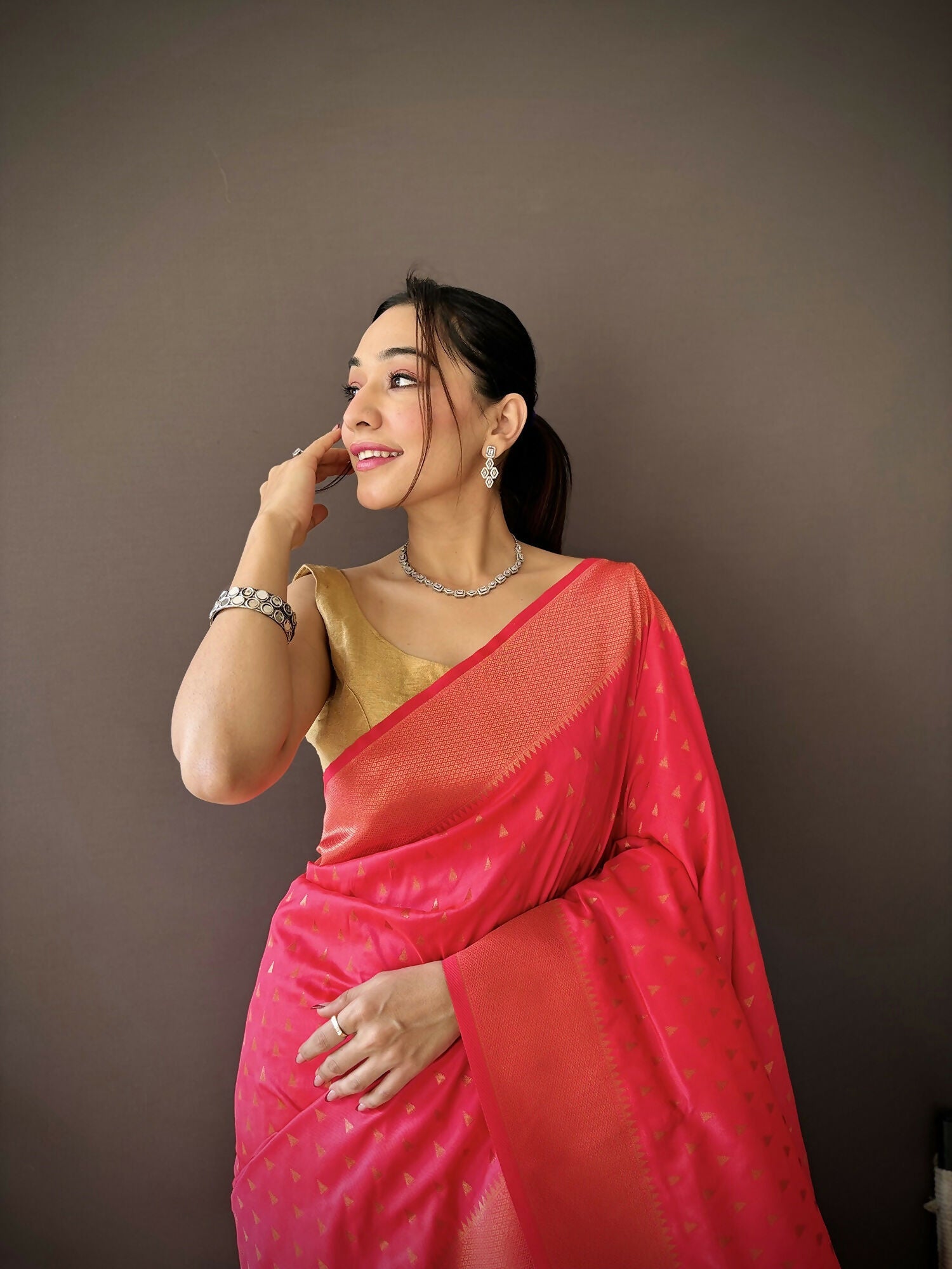 Hot Pink Jacquard Butti Soft Lichi Silk Paithani Saree