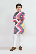 Multicolor satin silk kurta paired with white straight-fit art silk pants