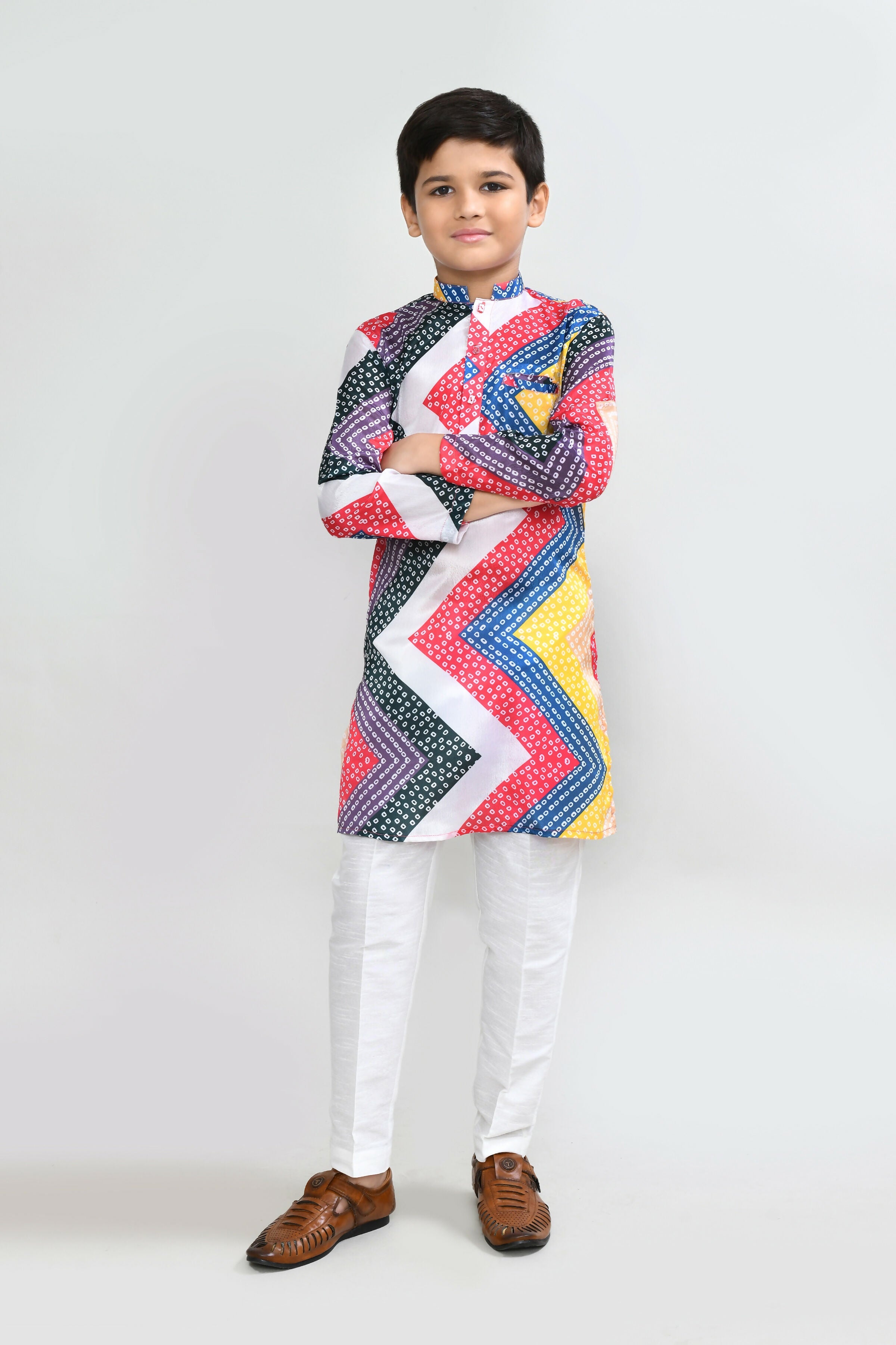 Multicolor satin silk kurta paired with white straight-fit art silk pants
