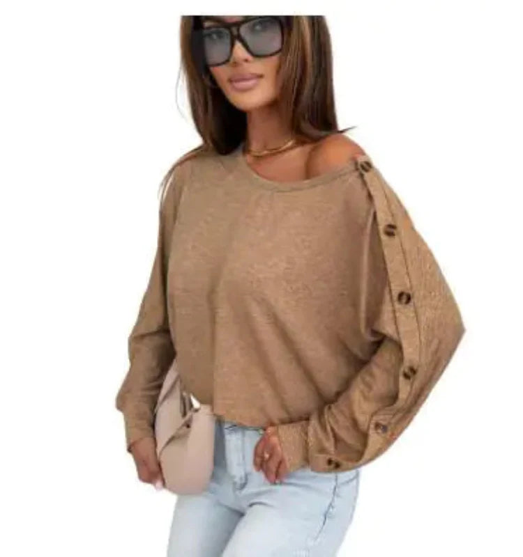 Women's Long Sleeve Button Detail Pullover Top in Bright Orange - Image 4