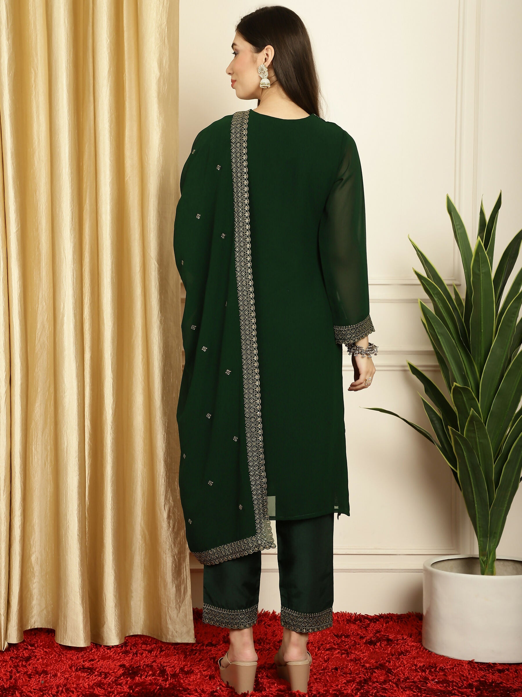 Women's Green Georgette Resham Thread & Sequin Kurta Set