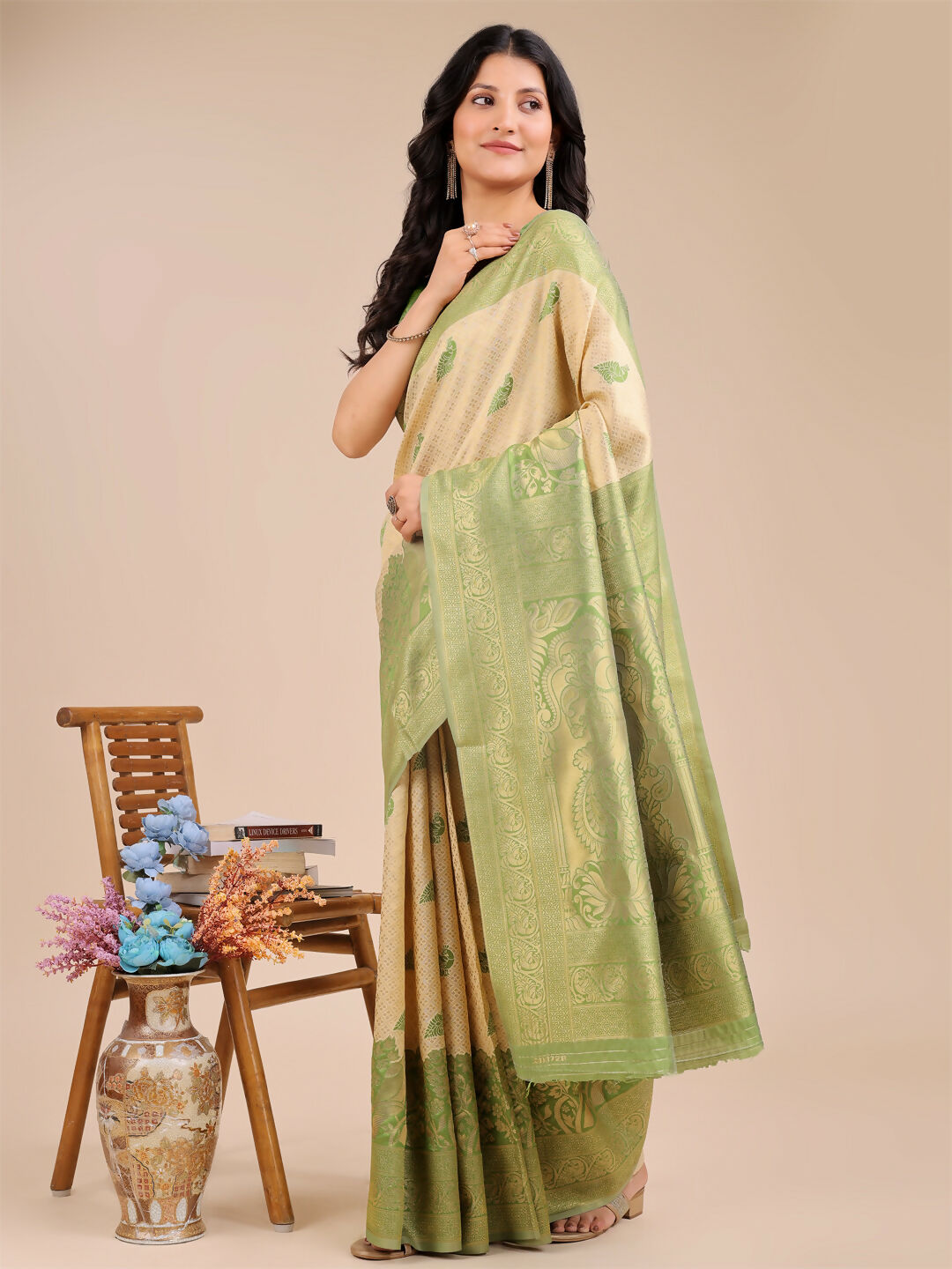 Shree Shyam Fashion Banarasi Silk Cream & Light Green Saree