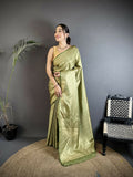 Dusty Green soft satin silk Banarasi saree with intricate paisley and floral motifs
