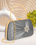 Luxurious grey satin evening clutch with a detachable silver chain strap