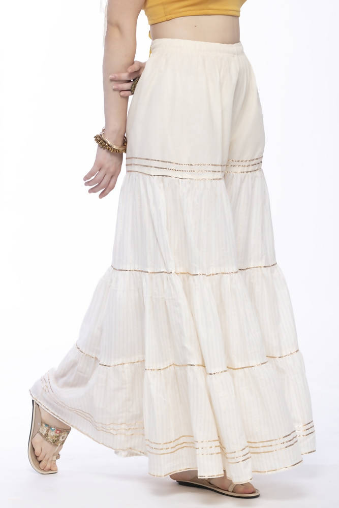 Off White Cotton Sharara Pants with Traditional Gota Work Details