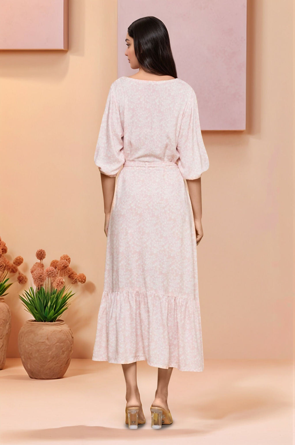 Joban Fashion Light Pink Flower Printed Riyon Maxi Dress