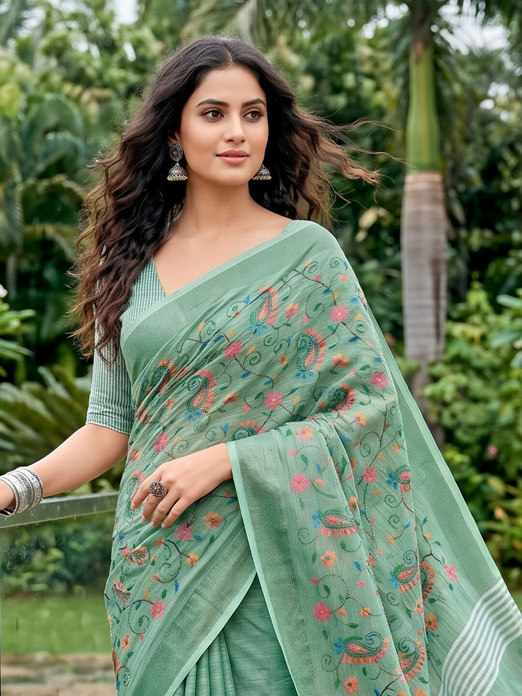 Sea Green Linen Saree with Coordinating Blouse Piece