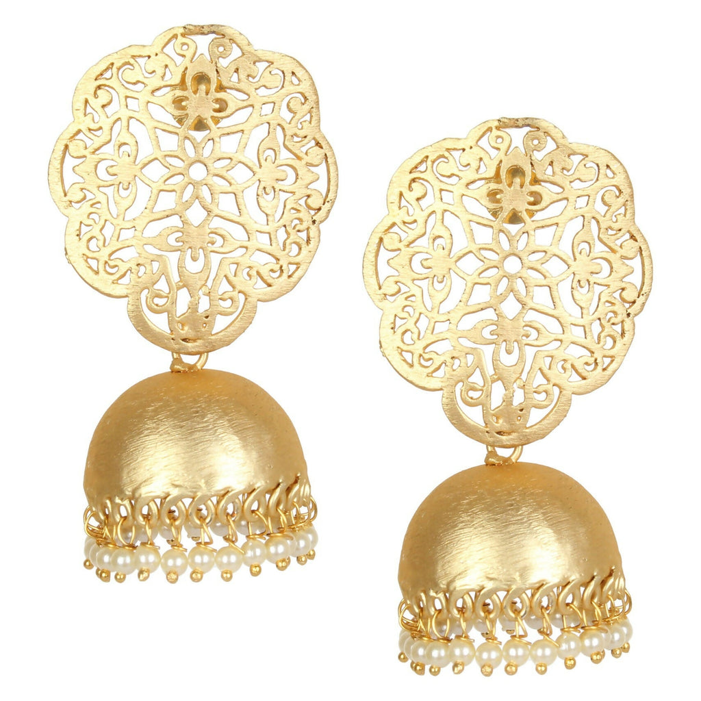 Dista handcrafted matte gold brass Jhumka earrings, 6cm length
