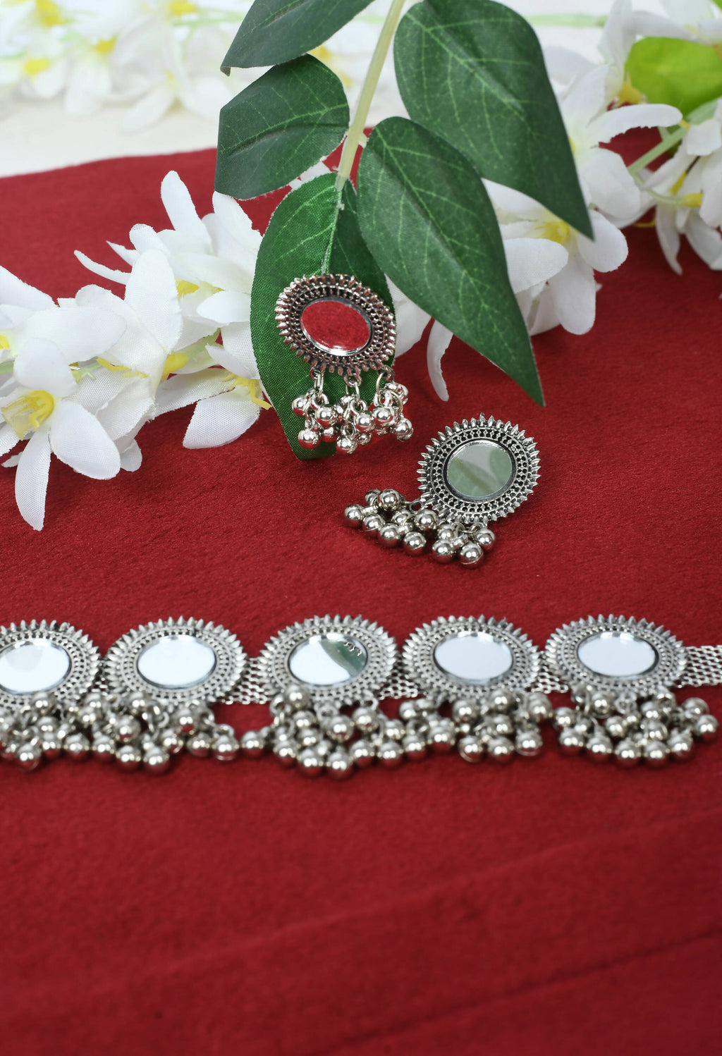 Silver-Plated Brass Mirror Work Ethnic Choker Necklace