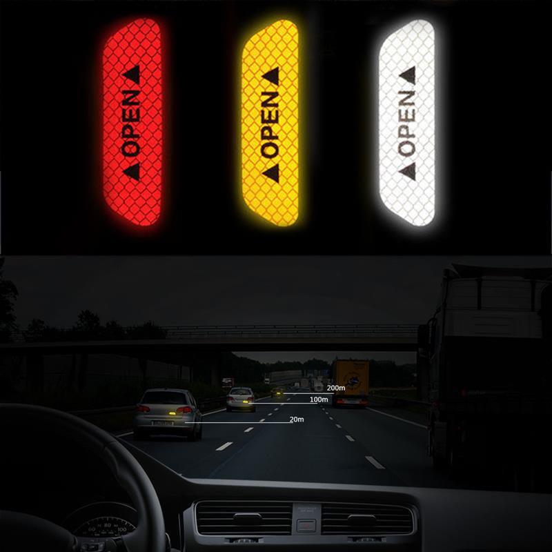4PC Universal Car Door Warning Reflective Stickers - White & Yellow