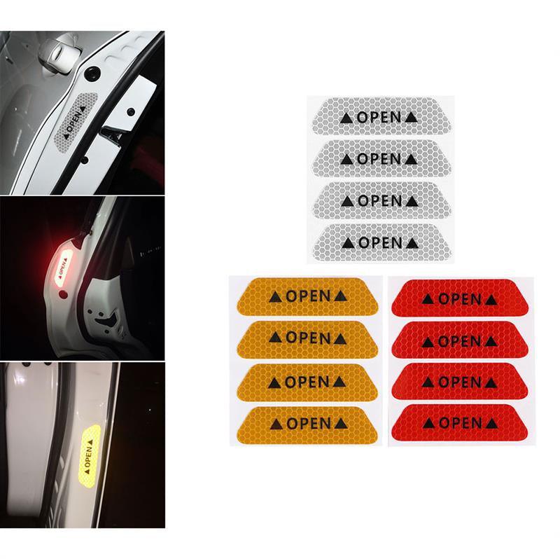 4PC Universal Car Door Warning Reflective Stickers - White & Yellow