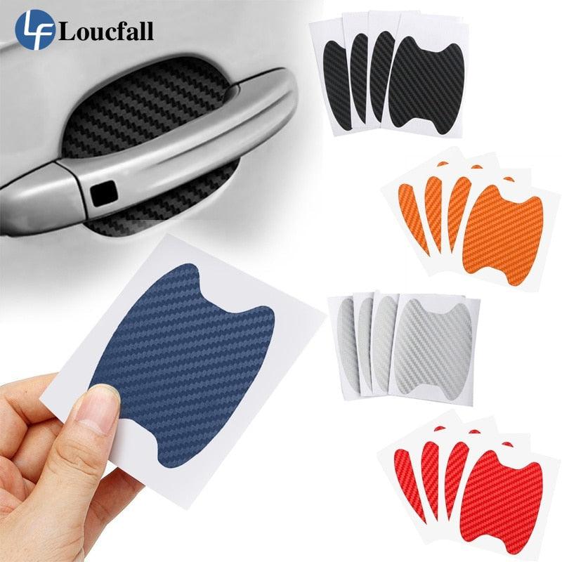 Close up of 4Pcs Carbon Fiber Car Door Handle Scratch Protector Film applied to a car door cup