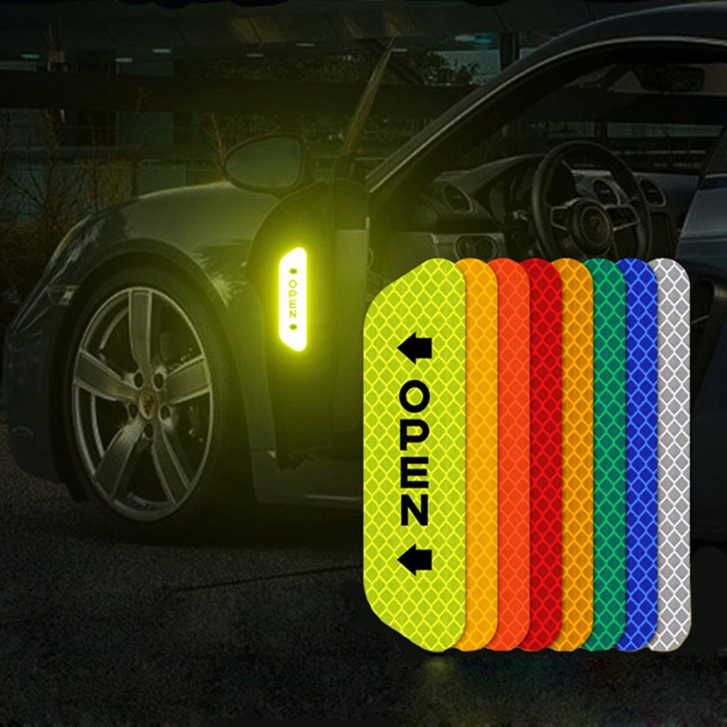 Set of 4 high-reflective car door safety warning stickers applied to a vehicle door edge
