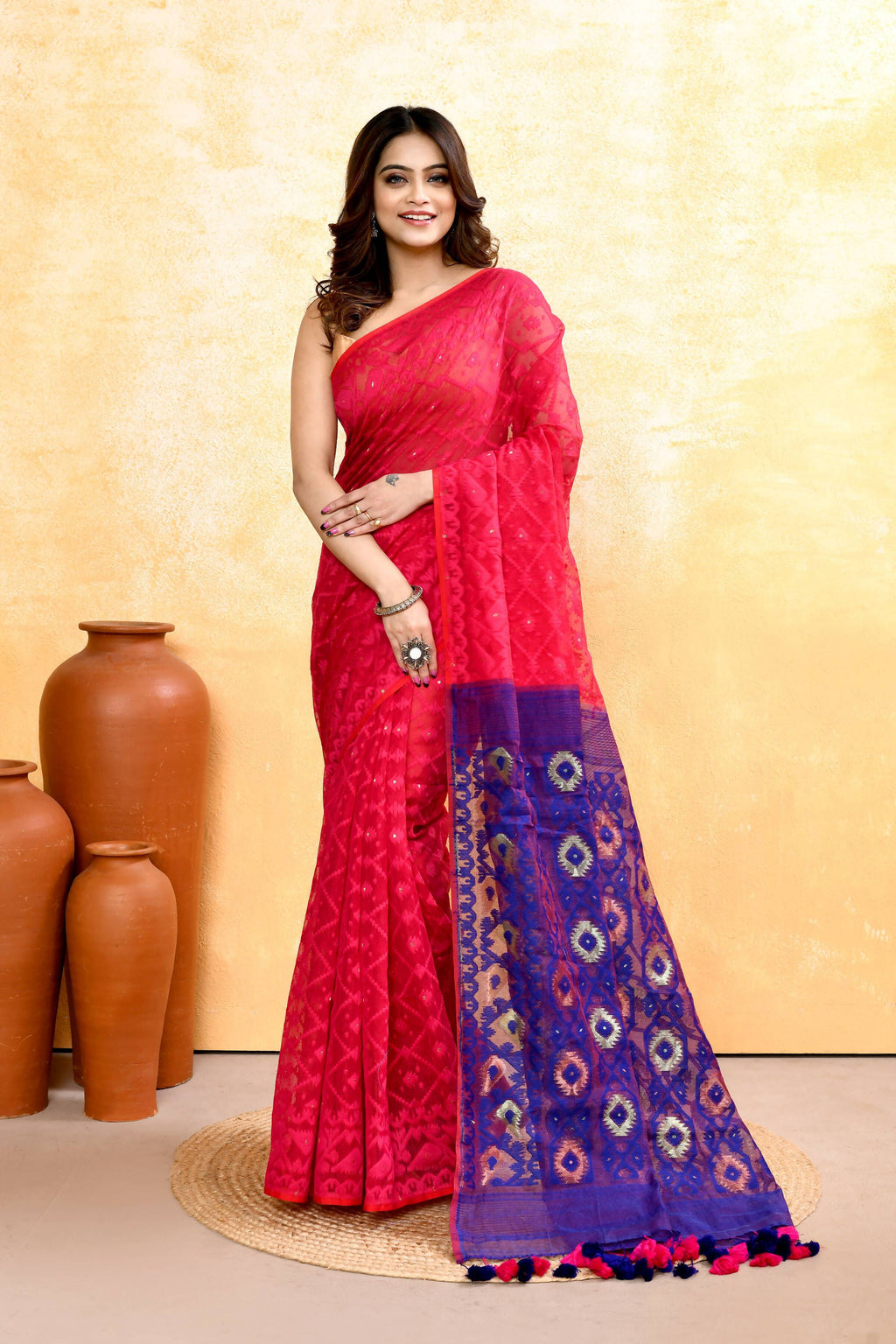 Rani Pink cotton blend Jamdani saree with embellishments for women