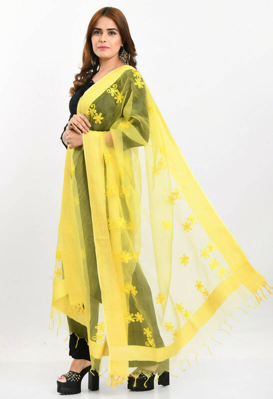 Lemon Yellow Organza Dupatta with All Over Chikan Embroidery