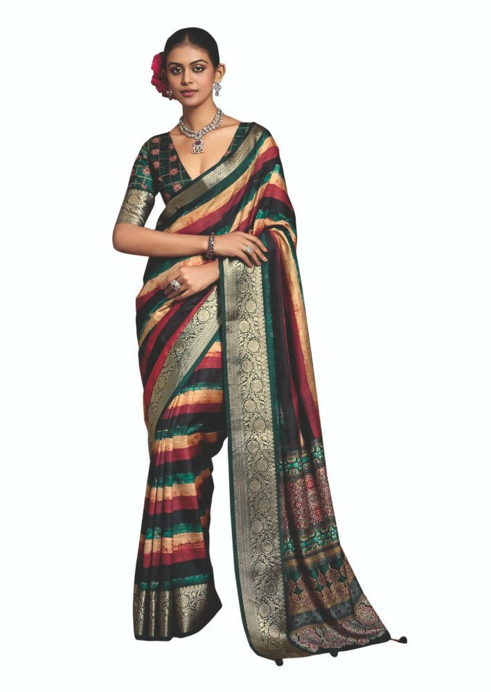 Multi-color Dola Tussar silk saree with striped pattern and gold self-jacquard border