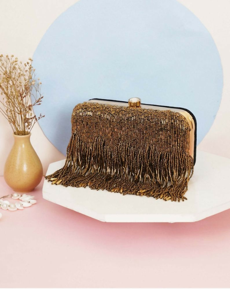 Golden embellished box clutch for women, perfect for formal evening parties and weddings.