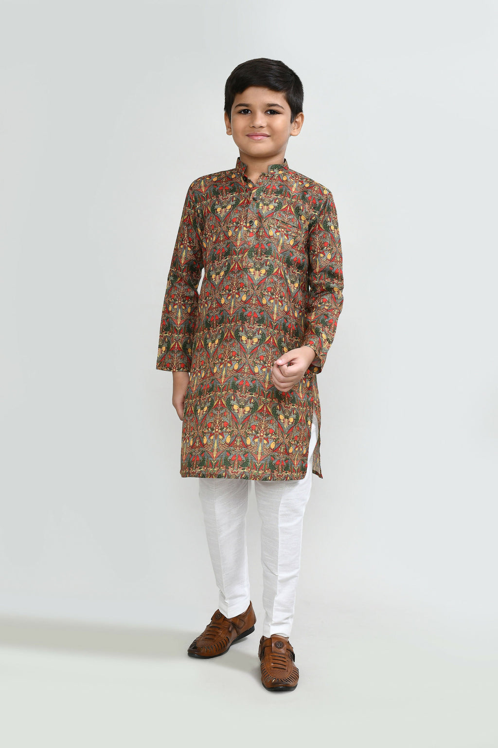 Kids multicolor ethnic cotton kurta paired with white straight fit art silk pants