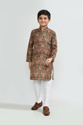 Kids multicolor ethnic cotton kurta paired with white straight fit art silk pants