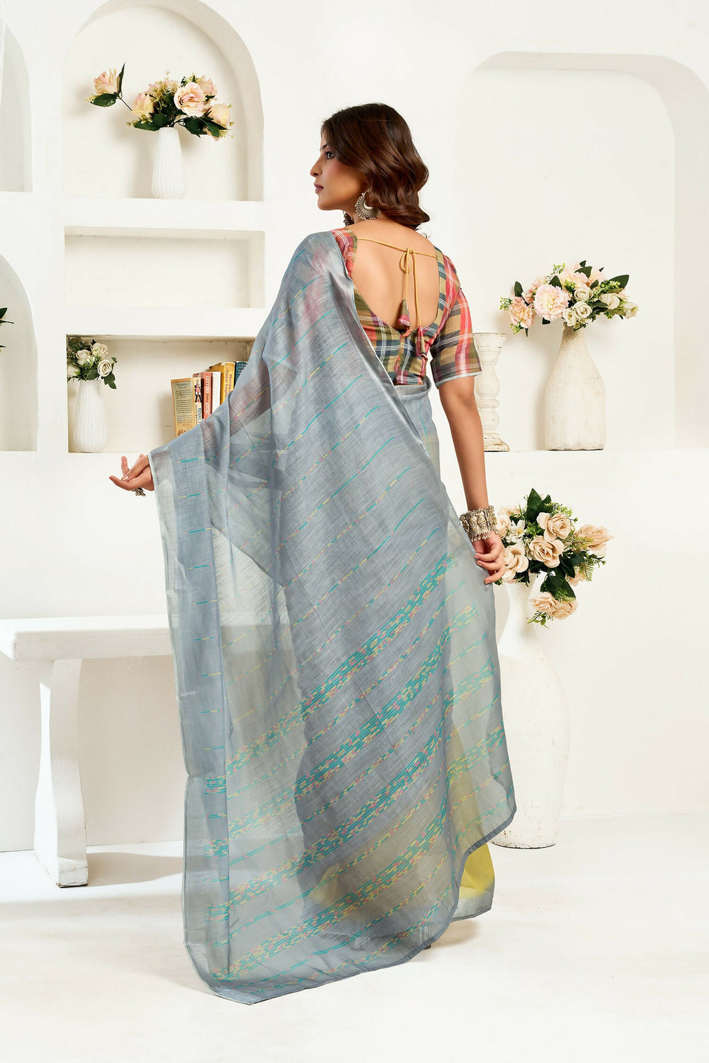 Grey Striped Linen Ready To Wear Saree With Multi Blouse