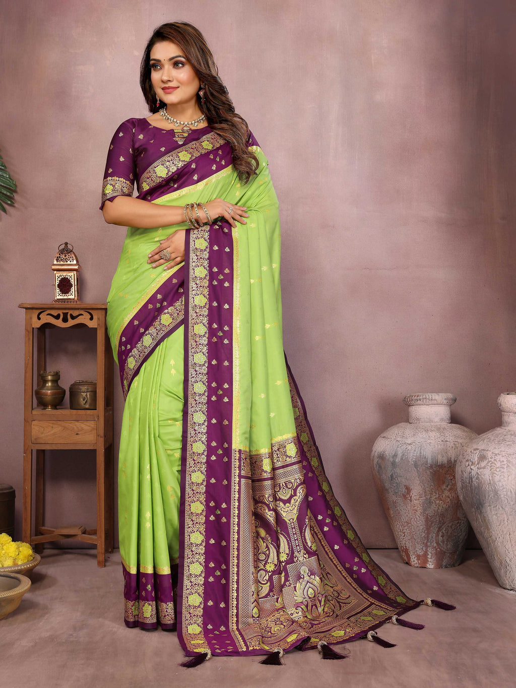 Parrot Green Kalamkari Silk Saree with gold Zari Woven detailing