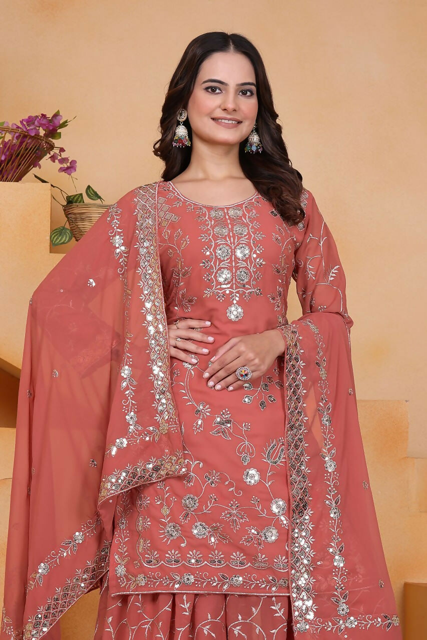 Pink Georgette Embroidered Sharara Set with Kurti