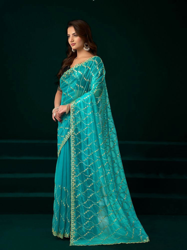 Turquoise Net Party Wear Saree with Black Velvet Blouse