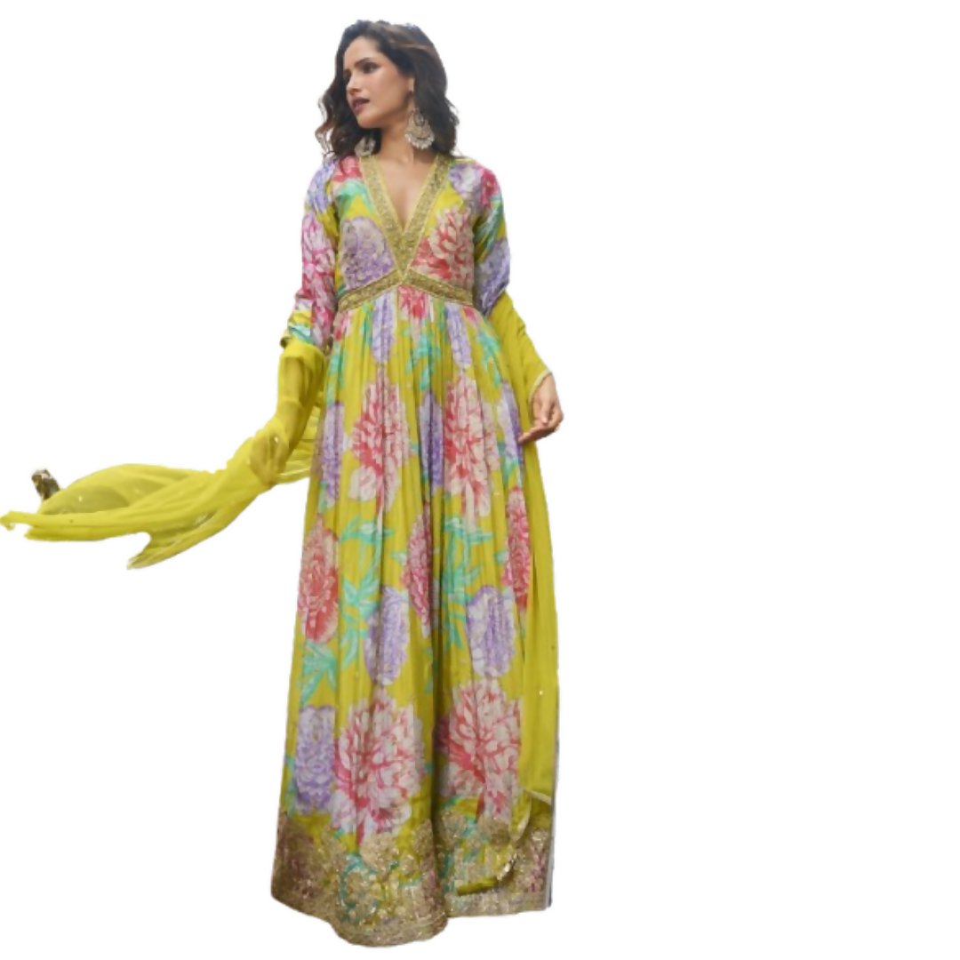 Parrot Green Chinon Silk embroidered gown with digital print and matching dupatta