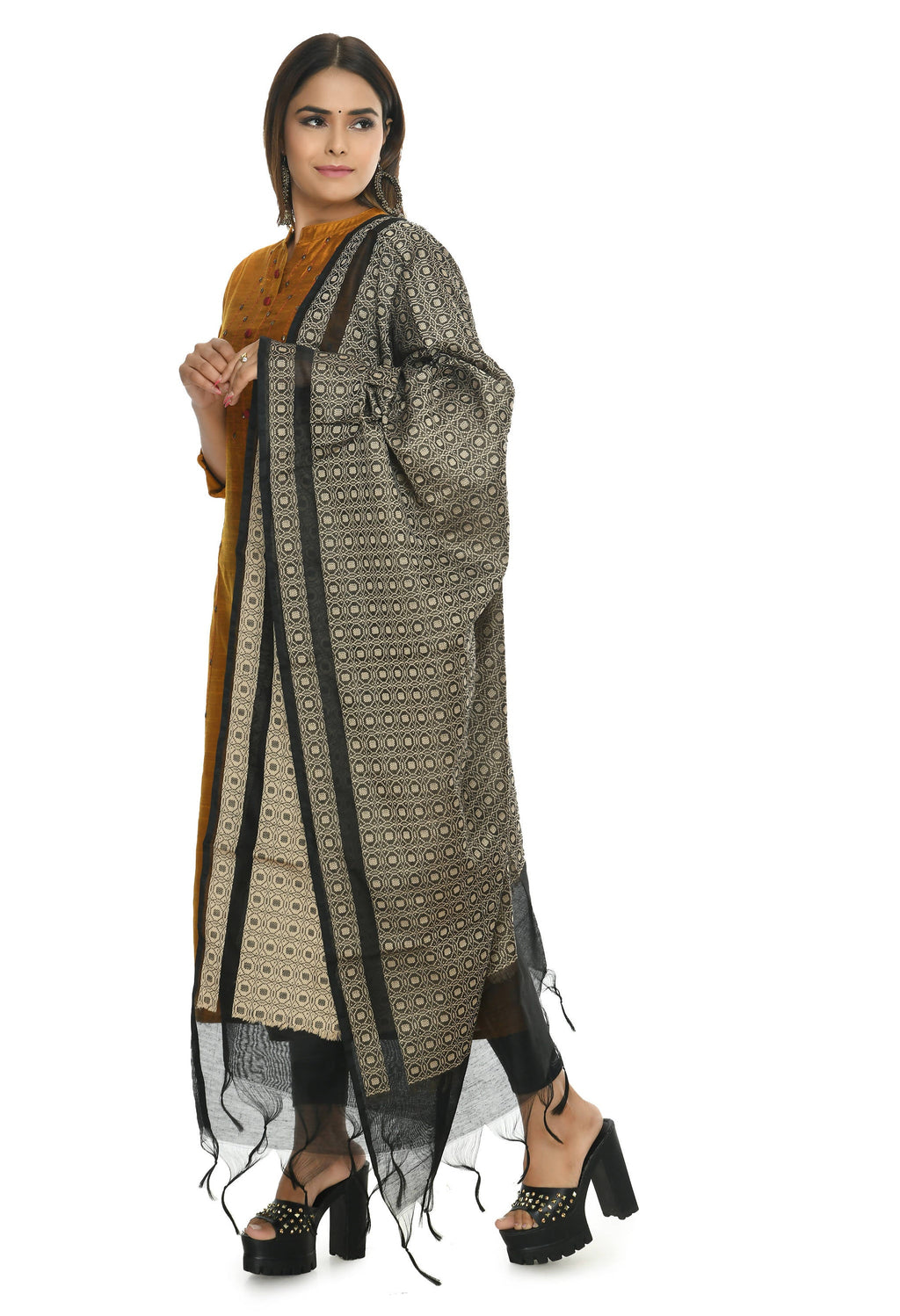 Black Handloom Cotton Dupatta - Versatile Ethnic Scarf