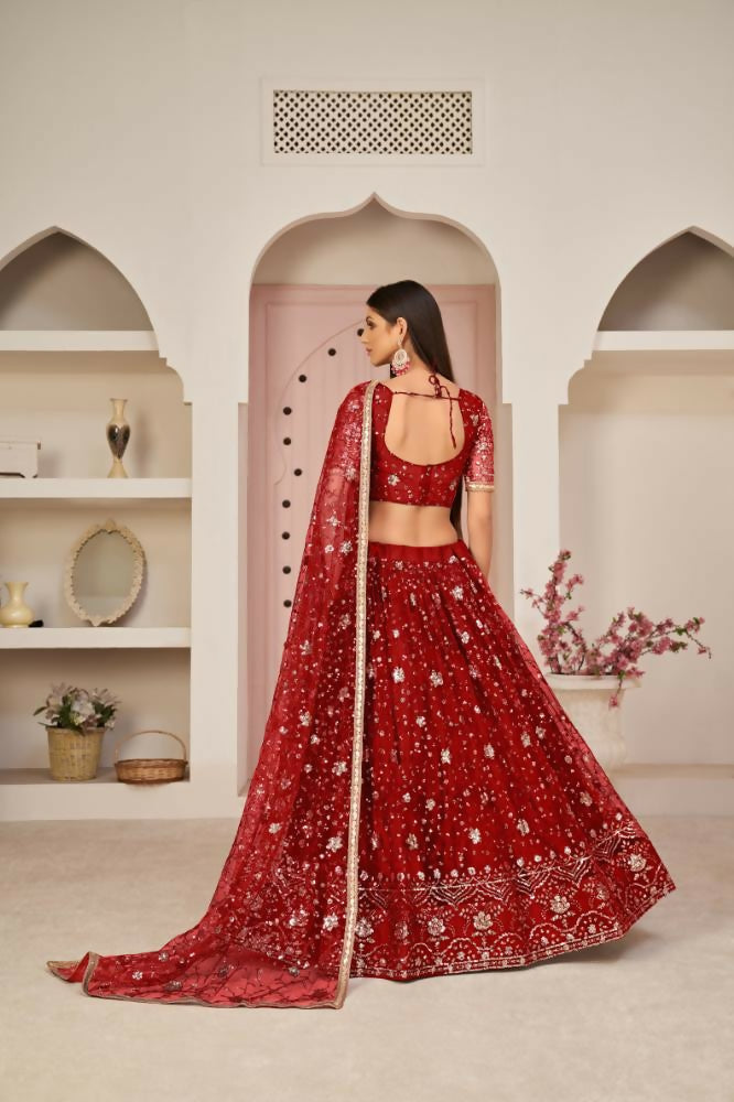 Red Butterfly Net Lehenga Choli With Zari & Sandwich Sequence Work