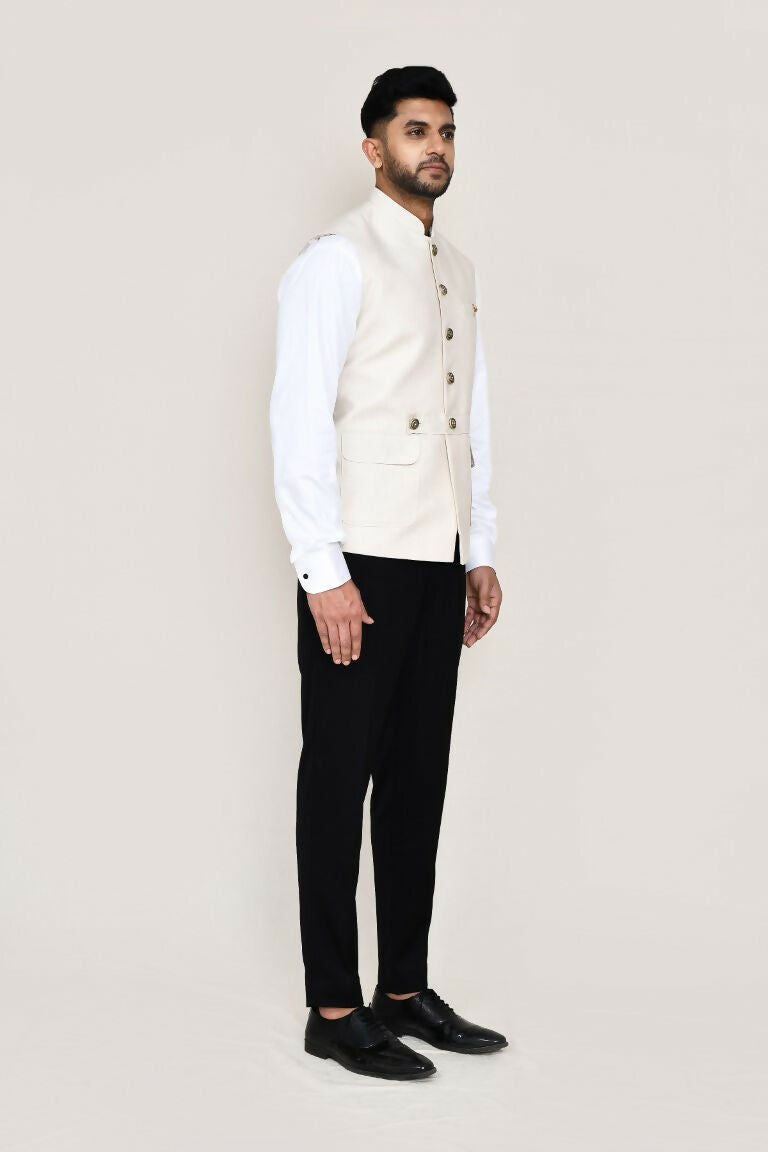 Men's Cream Cotton Satin Festive Jacket - Elegant Ethnic Layer