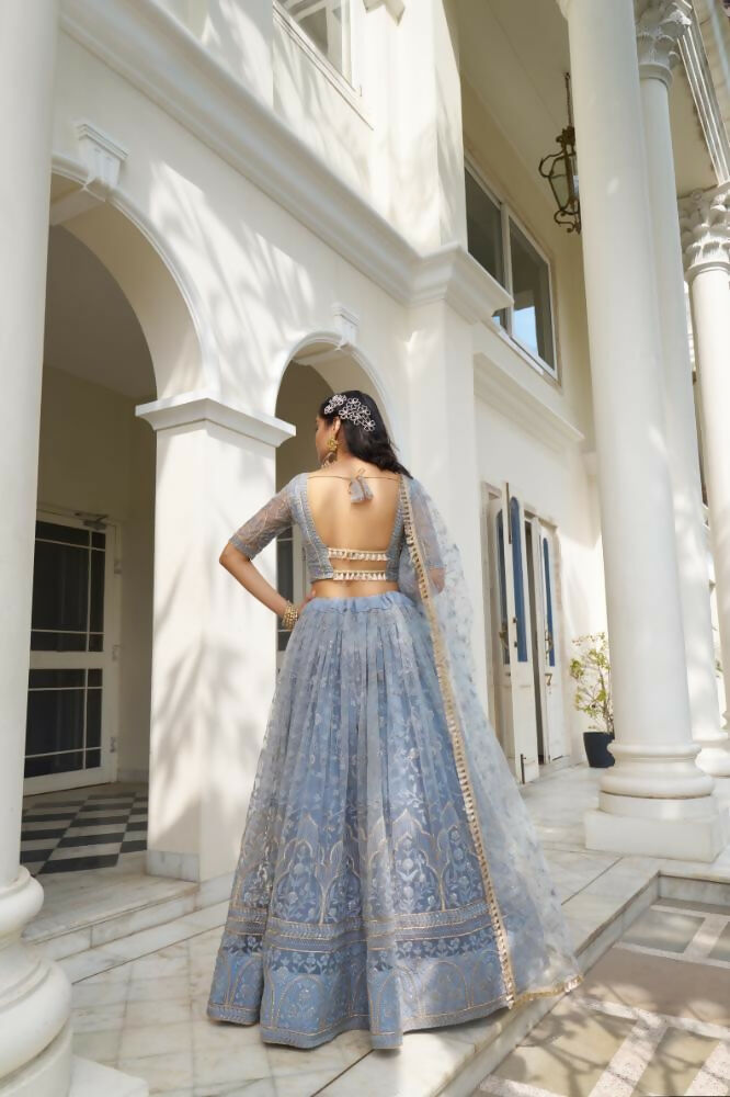 Light Blue Gray Butterfly Net Embroidered Wedding Lehenga Choli