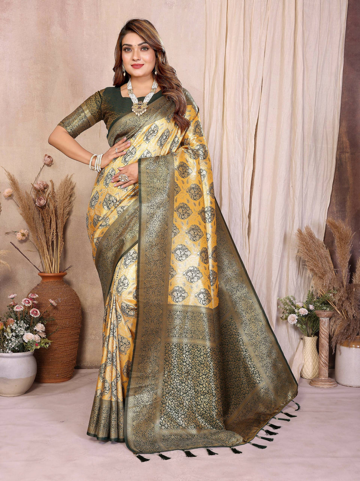 Mustard Banarasi Tissue Silk Saree with intricate weaving detail