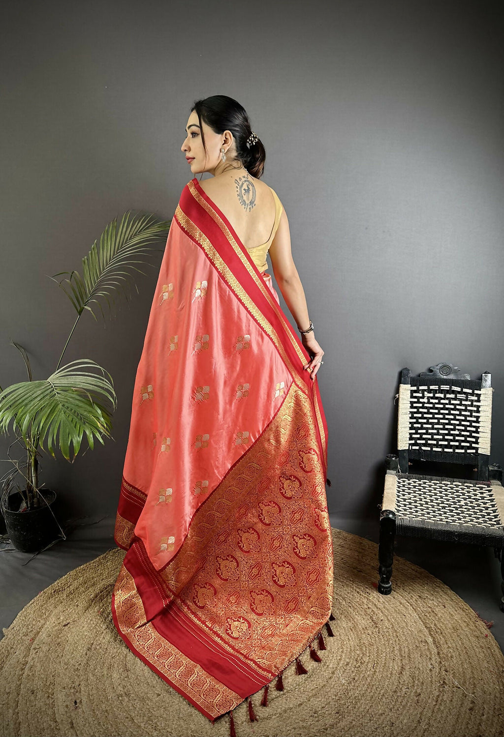 Salmon Pink Banarasi Soft Silk Woven Saree
