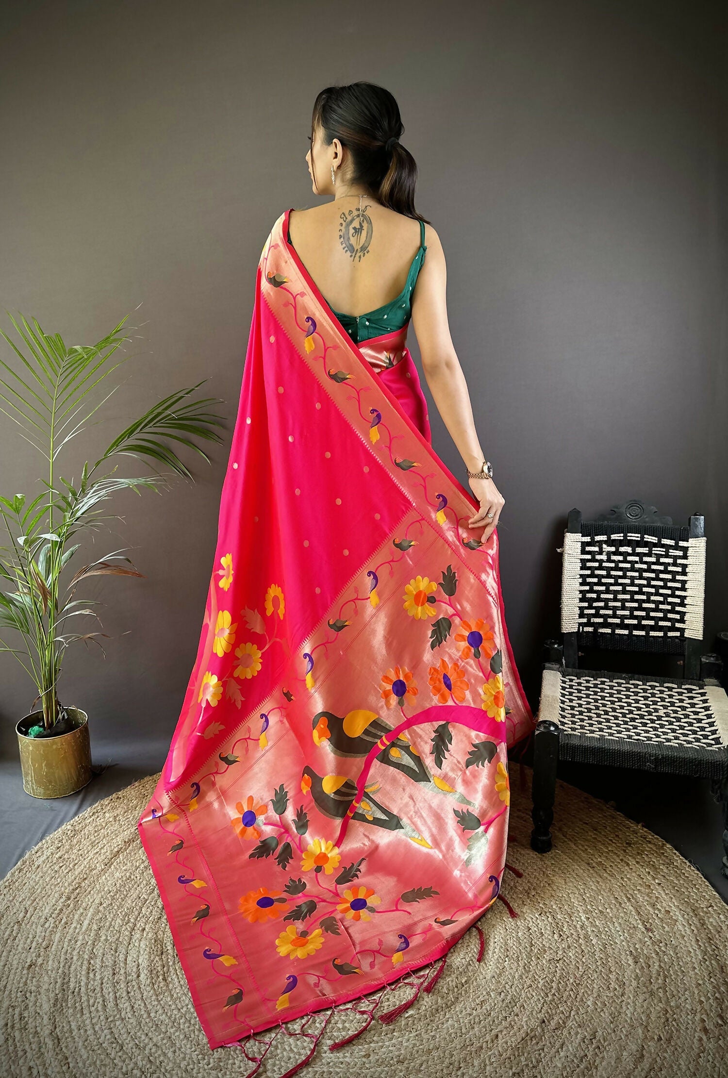 Rani Pink Soft Silk Paithani Saree with Zari Woven Floral Motifs