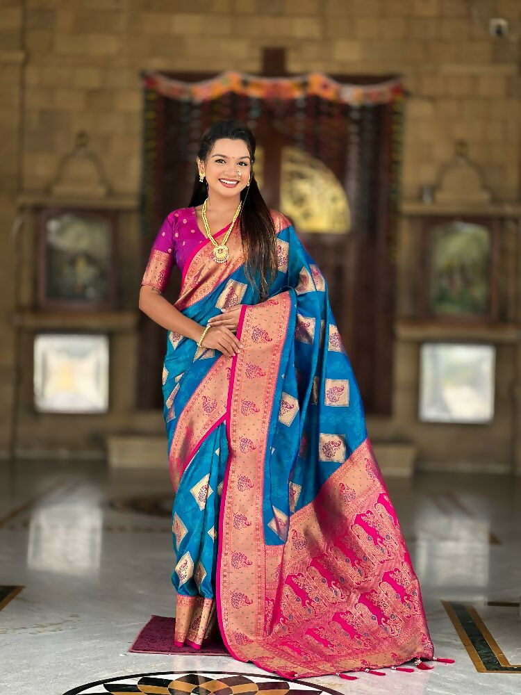 Firozi Soft Banarasi Silk Saree With Zari Weaving and Meenakari