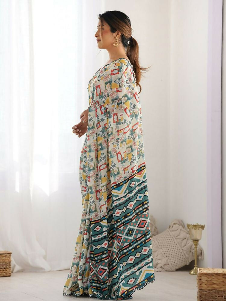 White Multi Georgette Digital Print Saree with Mirror Work