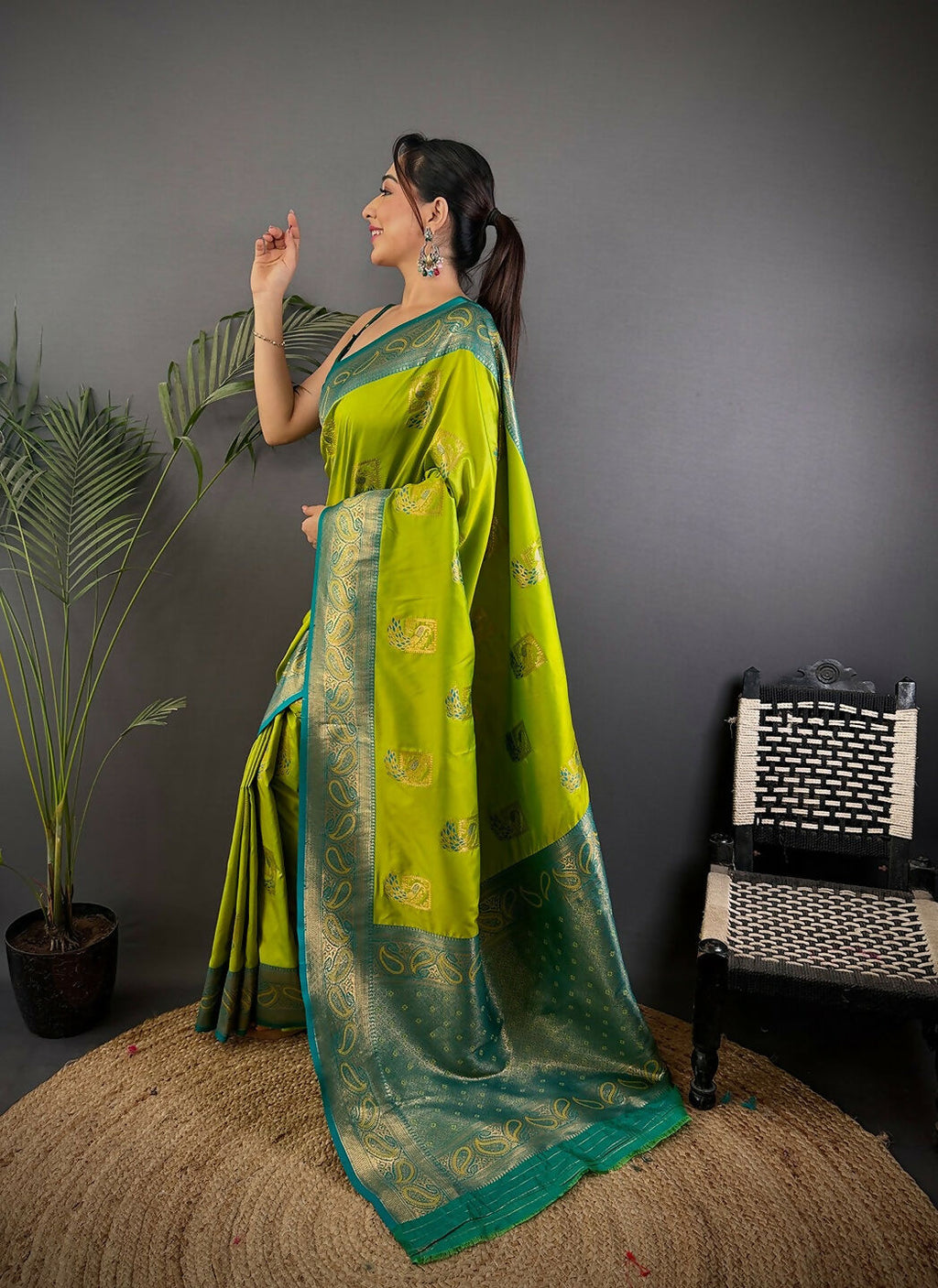 Teal Peacock Banarasi Silk Saree with Unstitched Blouse Piece