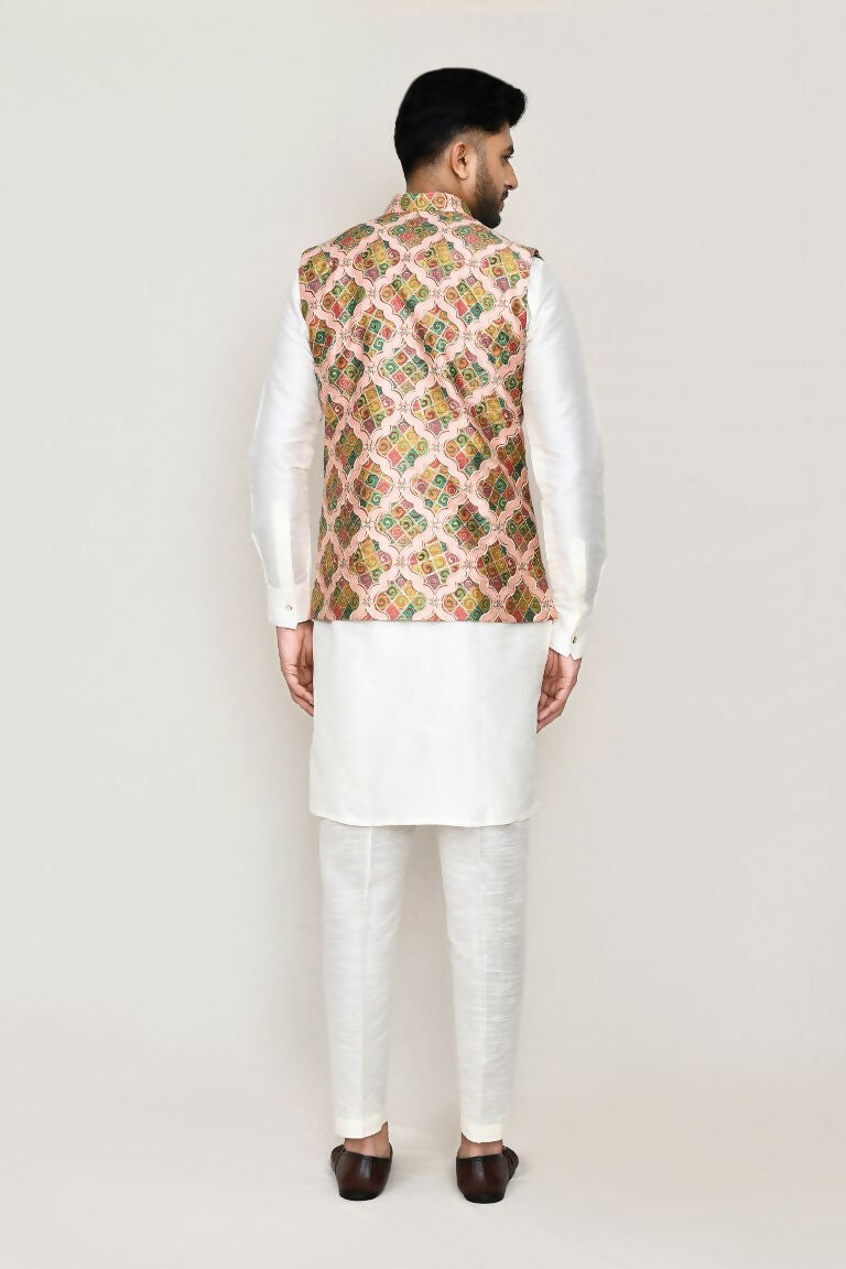 White Art Silk Kurta Set with Designer Jacket and Straight Pants